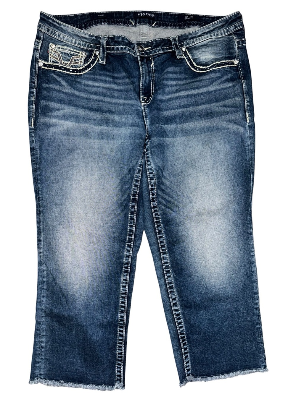 Vigoss Heritage Fit Capri Jeans Women’s 20 Plus Blue Stretch Whiskered Denim